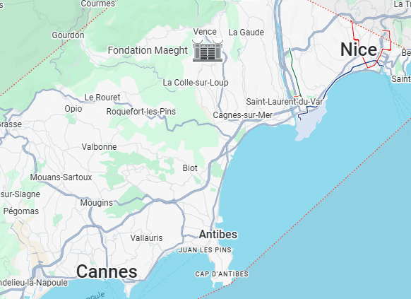 Nice, Cannes et Antibes sur la Carte de la Côte d'Azur Carte de la Côte d'Azur avec Nice, Cannes, Antibes, Vence et Biot, illustrant le littoral et les villes principales.