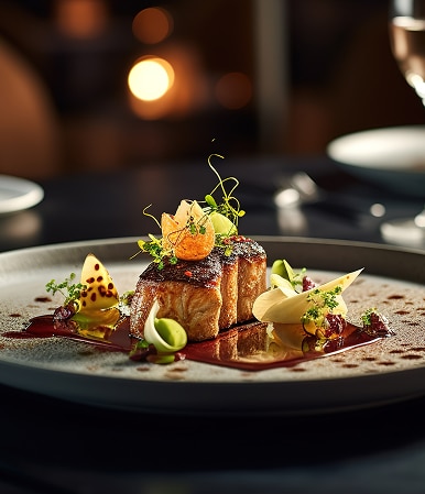 Cuisine Gastronomique : Plat de Viande Raffiné et Créatif Poitrine de porc dorée, sauce onctueuse et micro-pousses, dressage élégant dans un restaurant gastronomique.